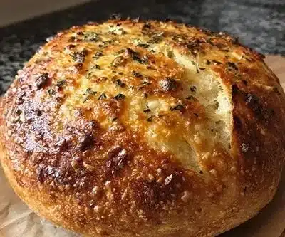 Freshly baked Italian herbs and cheese bread loaf with herbs sprinkled on top.