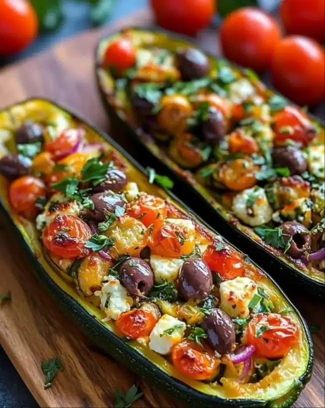 Mediterranean stuffed zucchini boats filled with herbs and spices
