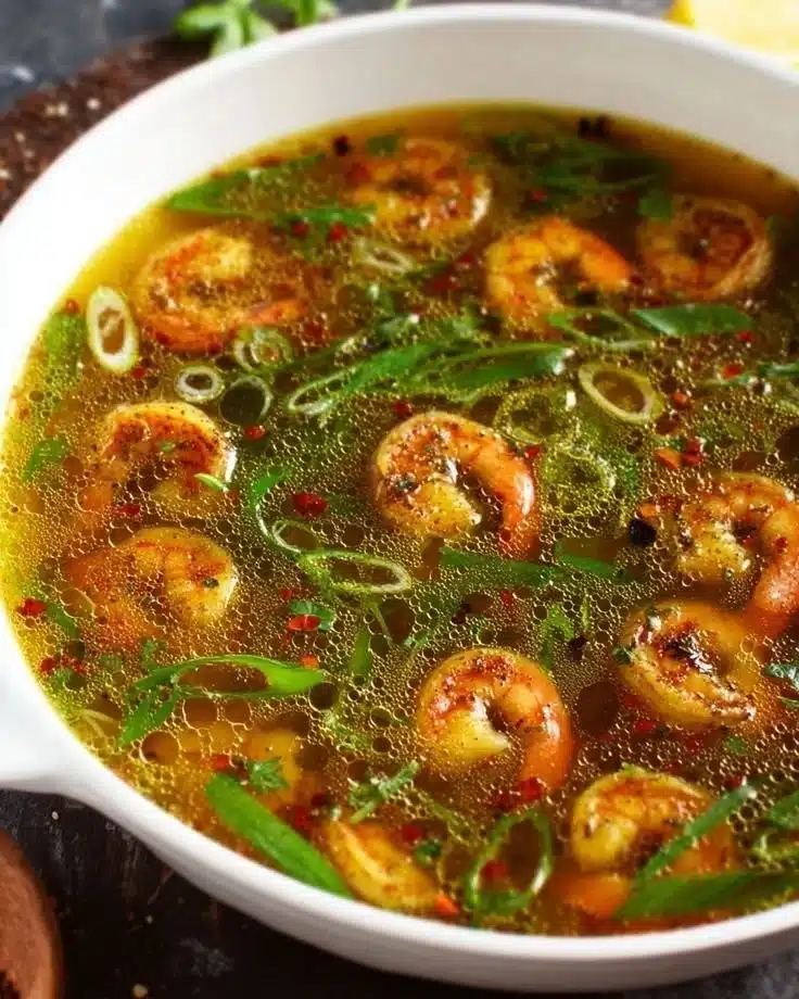 Miso-Ginger Lemon Shrimp Detox Broth in a bowl garnished with herbs.