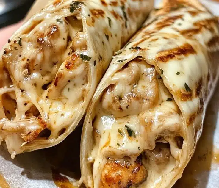 Delicious cheesy garlic chicken wraps with melted cheese and fresh ingredients