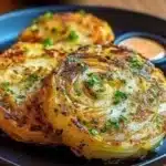 Delicious roasted cabbage steaks served on a plate with seasoning