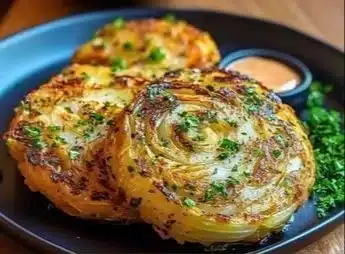 Delicious roasted cabbage steaks served on a plate with seasoning