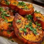 Roasted sweet potatoes with cinnamon and honey on a serving dish