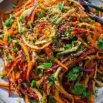 Shaved rainbow carrot sesame salad with colorful carrots and a sesame dressing