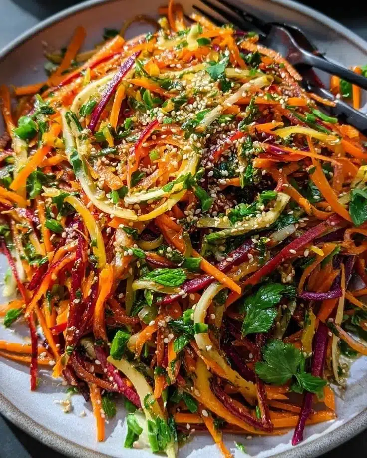Shaved rainbow carrot sesame salad with colorful carrots and a sesame dressing