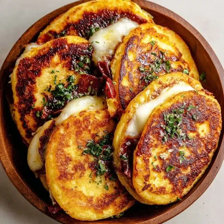 Delicious sweet corn pancakes topped with melted mozzarella cheese