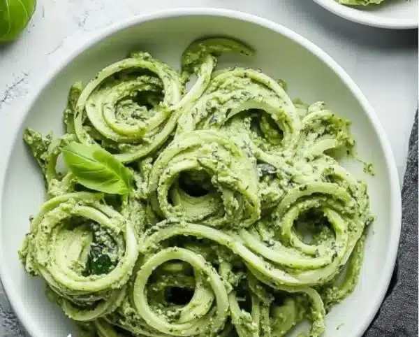 Creamy Avocado Pesto Zucchini Noodles served in a bowl.