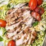 Delicious Chicken Zucchini Pasta with Pesto served in a bowl