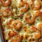 Creamy shrimp scampi pasta bake topped with herbs and cheese