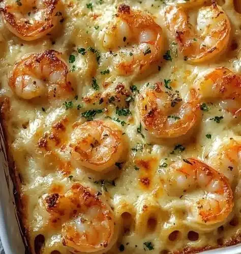 Creamy shrimp scampi pasta bake topped with herbs and cheese