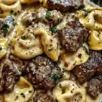 Creamy steak tortellini dish with tender pasta and savory sauce