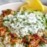 Delicious Dump-and-Bake Chicken Tzatziki served with rice