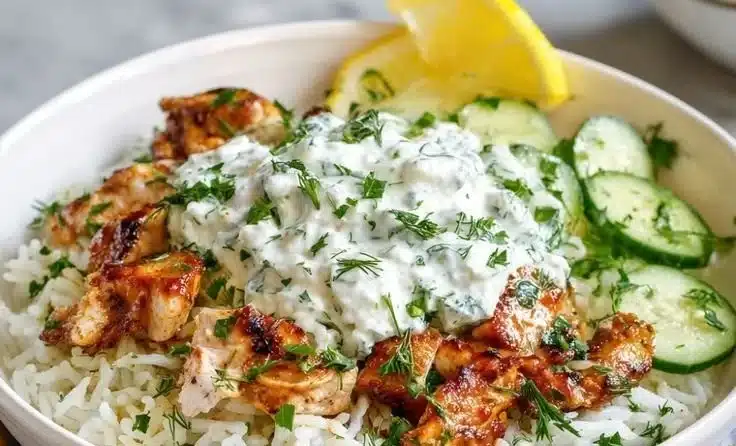 Delicious Dump-and-Bake Chicken Tzatziki served with rice