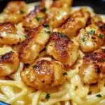 Garlic Butter Chicken Bites served with creamy parmesan pasta dish