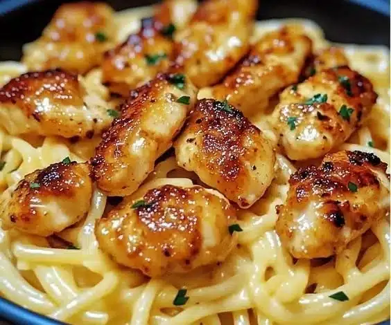 Garlic Butter Chicken Bites served with creamy parmesan pasta dish