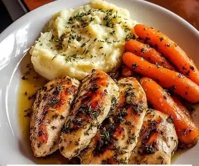 Plate of Garlic Herb Chicken with creamy mashed potatoes and glazed carrots