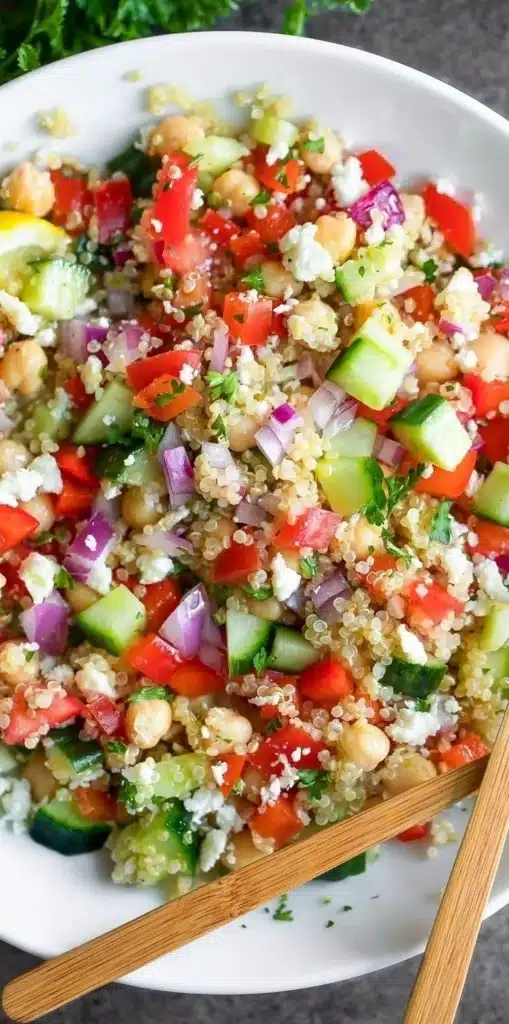 Colorful Greek Quinoa Salad with fresh veggies and feta cheese