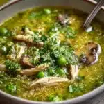 Bowl of Green Chicken Quinoa Soup with mushrooms and fresh herb paste