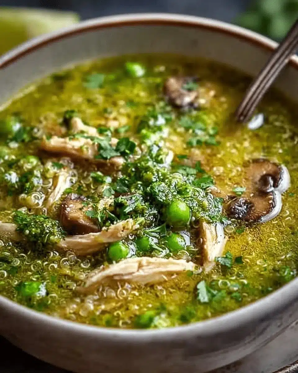 Bowl of Green Chicken Quinoa Soup with mushrooms and fresh herb paste