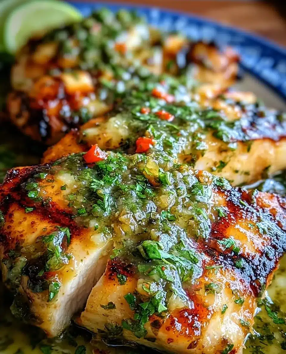 Grilled salsa verde chicken with pepper jack cheese on a plate