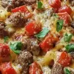 Heavenly Steak Queso Mac topped with pepper jack cheese for a cozy meal