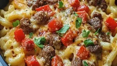 Heavenly Steak Queso Mac topped with pepper jack cheese for a cozy meal