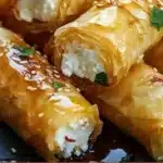 Oven-fried feta rolls topped with chili honey for a flavorful appetizer.