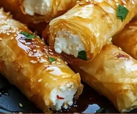 Oven-fried feta rolls topped with chili honey for a flavorful appetizer.