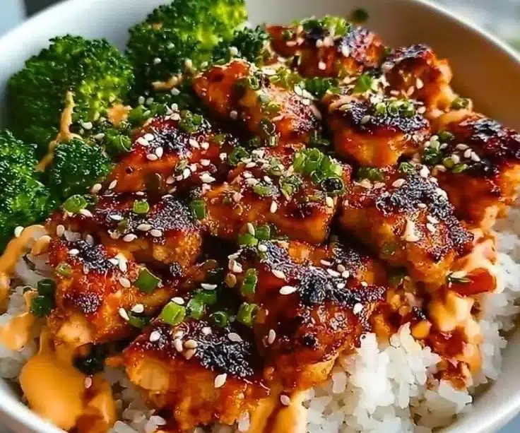 Delicious sticky chicken rice bowl with tender chicken and flavorful rice
