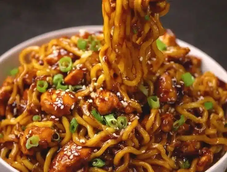 Delicious Sticky Garlic Chicken Noodles served in a bowl