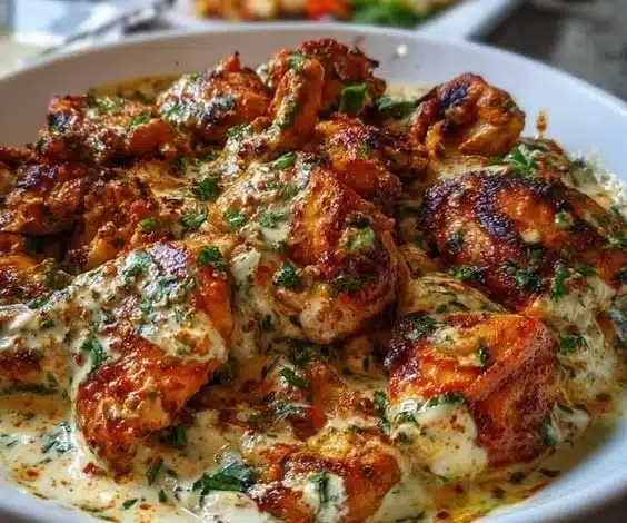 Delicious Turkish Chicken served with a creamy white sauce showcasing rich flavors.