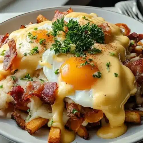 Delicious breakfast poutine featuring creamy hollandaise sauce on top.
