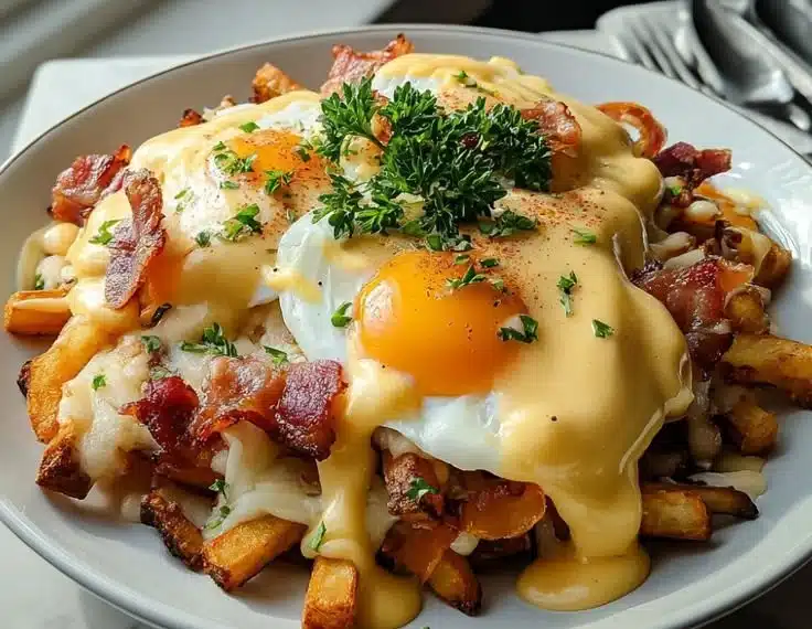 Delicious breakfast poutine featuring creamy hollandaise sauce on top.