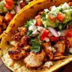 Plate of delicious chicken street tacos topped with fresh ingredients