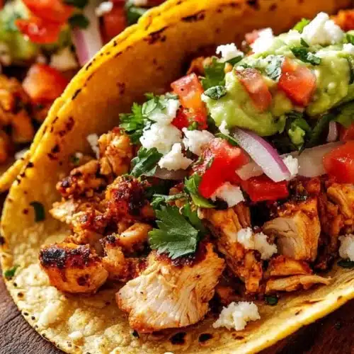 Plate of delicious chicken street tacos topped with fresh ingredients