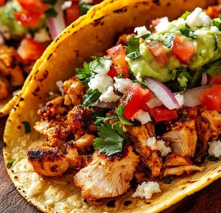 Plate of delicious chicken street tacos topped with fresh ingredients