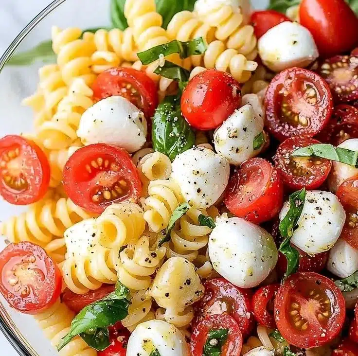 Colorful Caprese Pasta Salad with fresh tomatoes, mozzarella, and basil