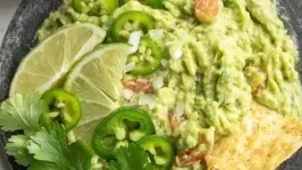 Bowl of easy guacamole made with fresh avocado and spices