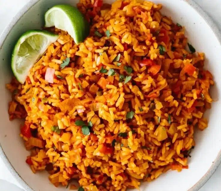 Plate of easy Mexican rice garnished with cilantro and lime