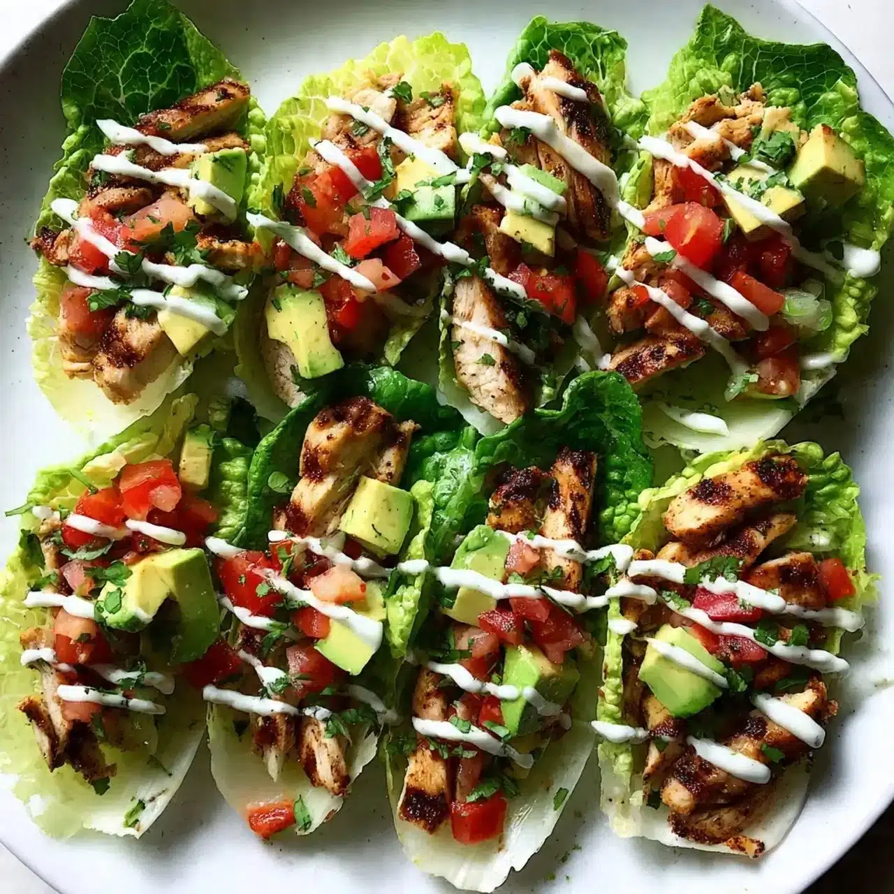 Grilled chicken avocado lettuce wraps served on a plate with fresh ingredients.