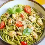 Delicious Pesto Zucchini Noodles with Chicken on a plate