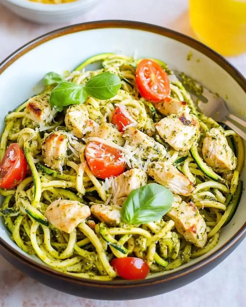 Delicious Pesto Zucchini Noodles with Chicken on a plate