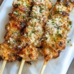 Delicious Ranch Garlic Parmesan Chicken Skewers ready to grill.