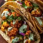 Delicious cauliflower tacos topped with cilantro lime cream for a healthy meal