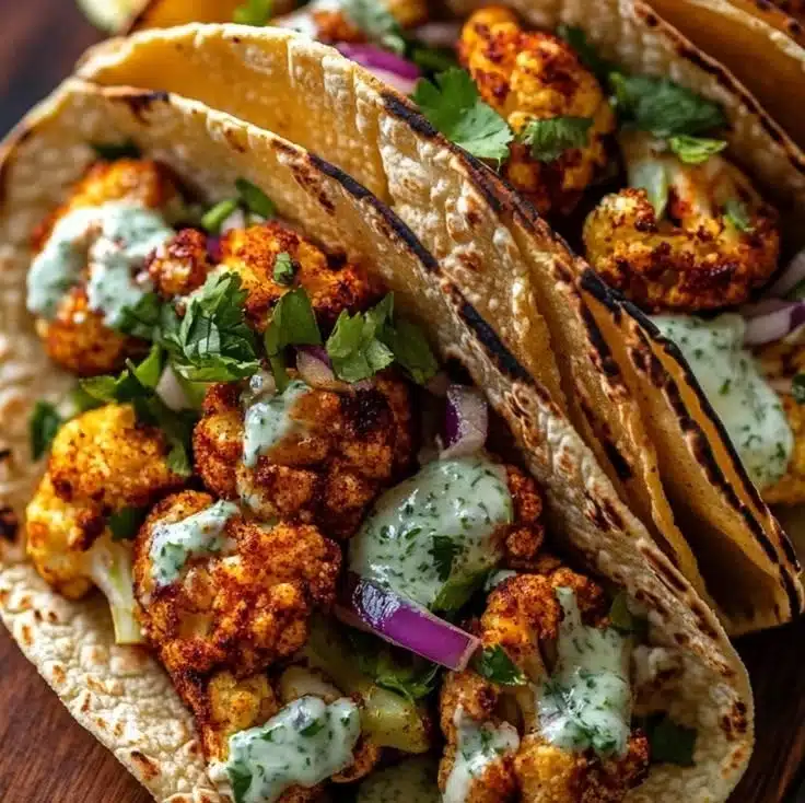 Delicious cauliflower tacos topped with cilantro lime cream for a healthy meal