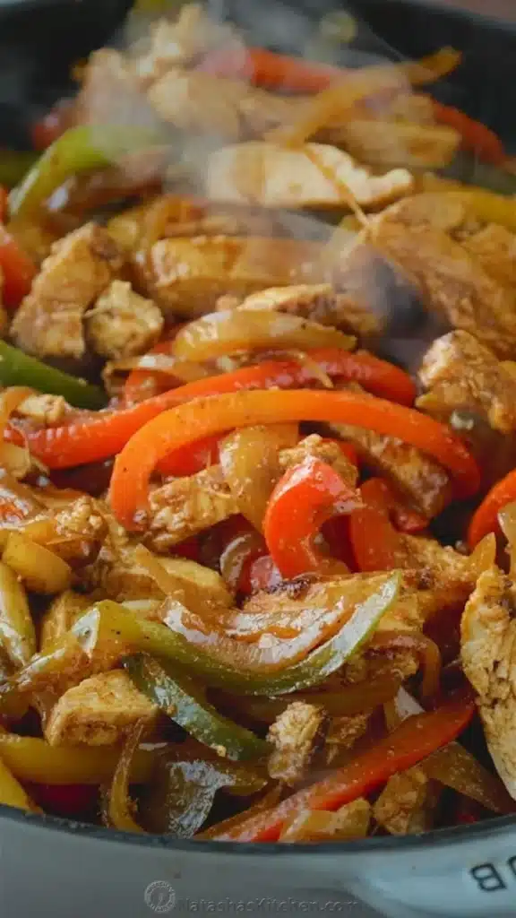 Plate of colorful chicken fajitas with peppers and onions