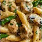 Creamy mushroom asparagus chicken penne dish with fresh ingredients