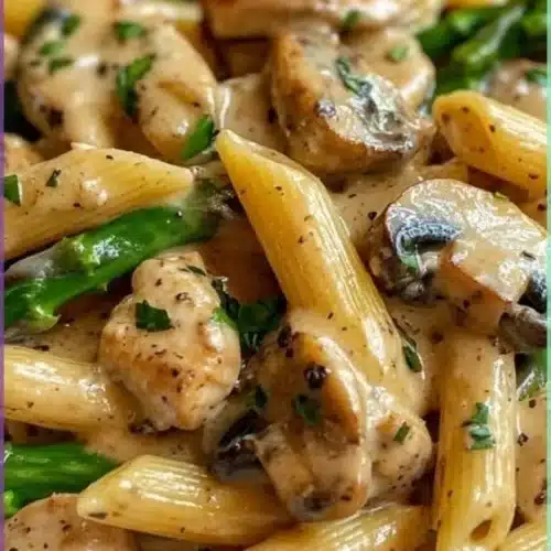 Creamy mushroom asparagus chicken penne dish with fresh ingredients
