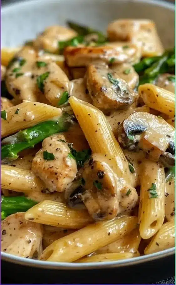 Creamy mushroom asparagus chicken penne dish with fresh ingredients