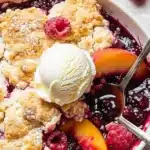 Delicious Peach Cobbler with Raspberries fresh out of the oven
